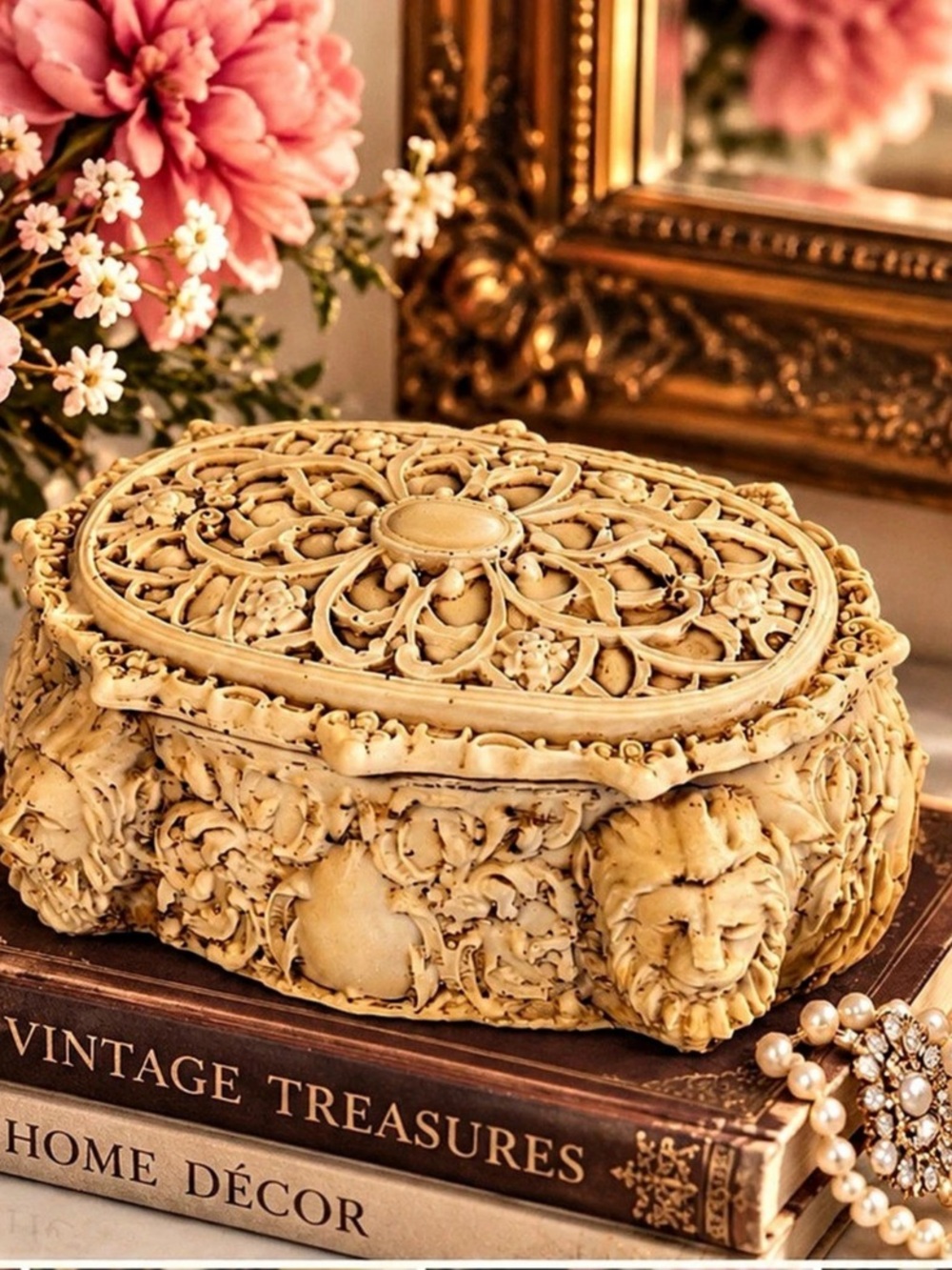 Vintage Ornate Faux Ivory Trinket Box Pierced Floral Lion Vanity Decor